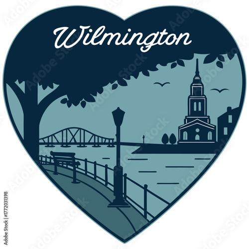 Wilmington Heart-Shaped Illustration Featuring Bridge, Bench, and Crescent Moon