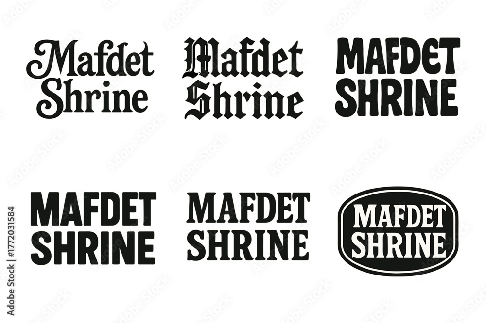 Obraz premium Diverse Lettering Styles. Mafdet Shrine. Set lettering. harmonious lettering variations of the same emblematic concept, each with different artistic