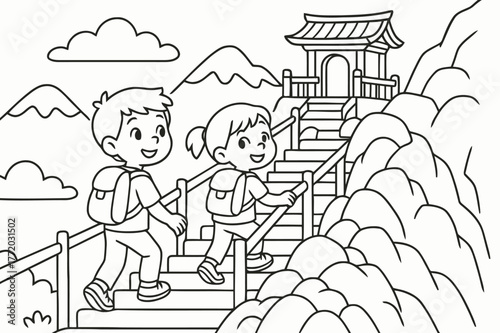 Mountain Shrine Adventure. Mountain shrine hike children?s coloring book illustration, outlined drawing, kids climbing gentle steps with railings toward a tiny