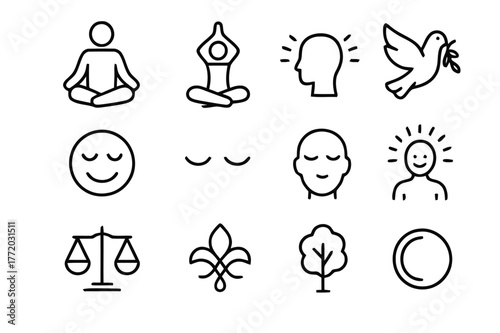 Mindfulness Icon Set. The benefits of meditation and mindfulness. Line icon set of The benefits of meditation and mindfulness: meditation, yoga, mindfulness,