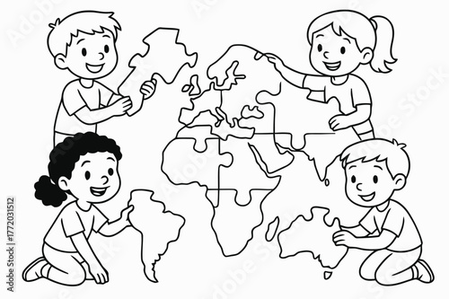 Children Assembling World Puzzle. World map puzzle children?s coloring book illustration, outlined drawing, continents shaped as puzzle pieces being placed