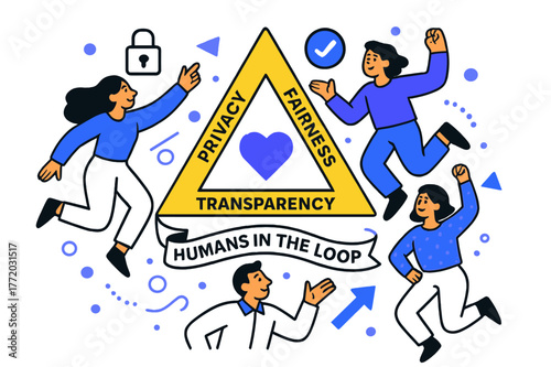 AI Ethics Dynamics. AI Assistants ? Ethics & Safety. A bright triangle of ?privacy, fairness, transparency? rotates around a core heart icon. Ribbon text reads