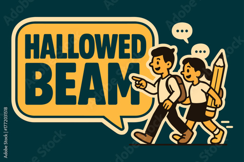 Bold Educational Adventure. Hallowed beam banner, flat vector illustration, bold oversized text inside sticker outline, cartoon characters walking and pointing