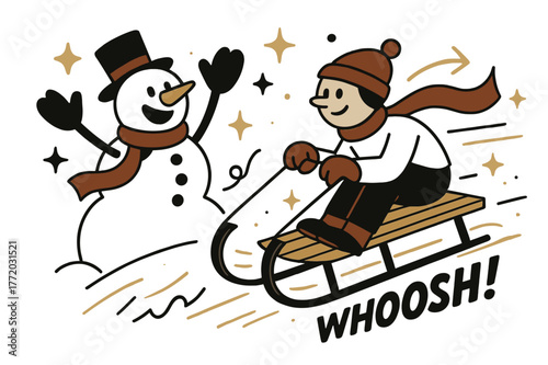 Joyful Sledding Adventure. Snowman ? Vintage Sled. A snowman cheers as a sled swooshes past; motion lines and stars sparkle. Tag ?whoosh!? skims along the