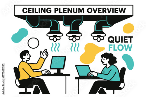 Ceiling Duct Panorama. Ceiling Plenum Overview. A cutaway ceiling reveals ducts gliding above workstations; diffusers bloom like geometric flowers. ?Quiet