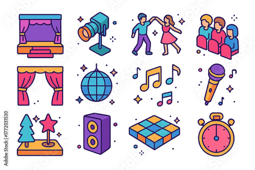 Dance Recital Icons. Dance recital. Colorful isometric vector icons set of dance recital: stage, spotlight, dancers, audience, curtains, disco ball, music