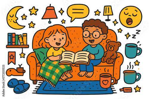 Cozy Storytime Scene. Storytime on the sofa. Colorful Hand-drawn doodle Children illustration Storytime on the sofa open book, blanket, pillows, lamp, glasses,