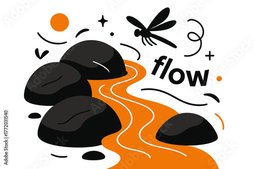 Flowing Stream Harmony. Pebble ? Stream Whisper. Water glides between stones with thin highlight lines; text ?flow? drifts along the curve. A dragonfly