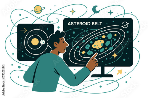 Asteroid Belt Analysis. Asteroid belt studies. Astronomer analyzing asteroid belt data on digital screens with abstract floating orbit paths and celestial