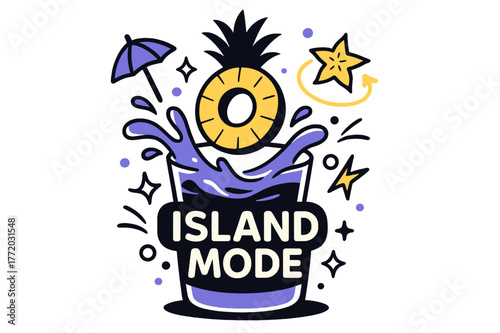 Pineapple Splash Art. Tropical pineapple splash. A ring of pineapple dives into a glass like a life buoy; ?Island mode? glows. Tiny umbrellas and starfruit