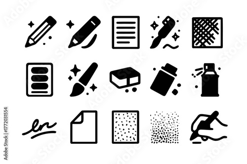 Art Icons Grid. Art Process. Solid icons set of Art Process: pencil outline, ink layer, shading lines, crosshatch, color swatch, blending brush, eraser crumbs,