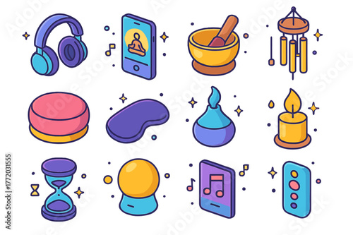 Colorful Meditation Icons. Guided meditation tools. Colorful isometric vector icons set of guided meditation tools: studio headphones, smartphone app screen,