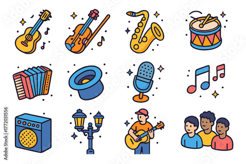Urban Music Icons. Urban music act. Colorful isometric vector icons set of urban music act: guitar, violin, saxophone, drum, accordion, hat for tips,