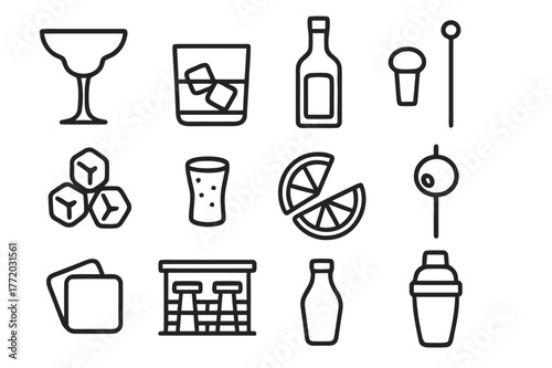 Cocktail Icon Set. Elegant cocktail. Line icon set of elegant cocktail: crystal glass, whiskey glass, ice cubes, bottle, cocktail stirrer, cork, lemon slice,