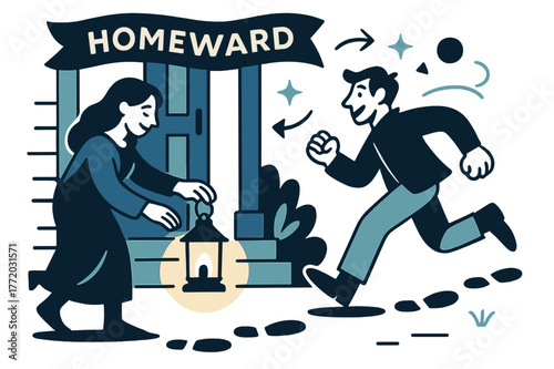 Welcoming Lantern Glow. Keeper of the Hearth ? Lantern on the Porch. A small lantern casts a welcoming circle; footprints approach through the dusk. Banner