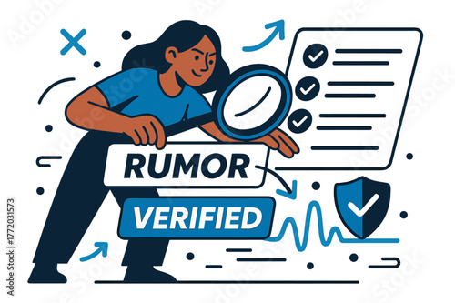 Fact-Checking Animation. Fact-checking desk. A magnifier slides over headlines to flip ?Rumor > Verified?; checkmarks ping along a tidy list. A small shield