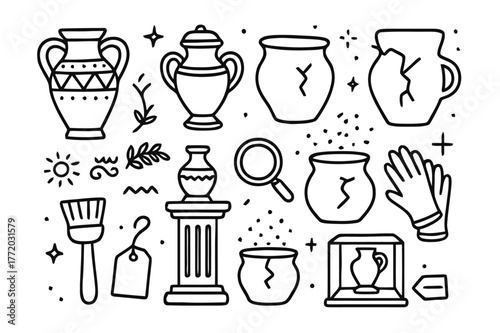 Antique Pottery Icons. Antique pottery. Hand-drawn doodle illustration antique pottery amphora, urn, cracked pot, museum pedestal, brush, ancient symbols, clay