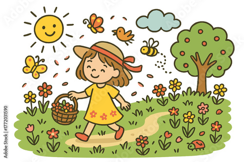 Meadow Stroll Doodle. meadow stroll. Colorful Hand-drawn doodle Children illustration meadow stroll girl, basket, flowers, grass, sun, butterfly, tree, bees,