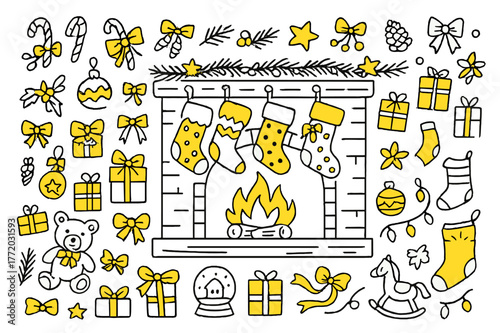 Festive Mantel Doodle. Stockings on mantel. Hand-drawn doodle illustration Christmas stockings (colored), fireplace (colored), mantel (colored), candy canes