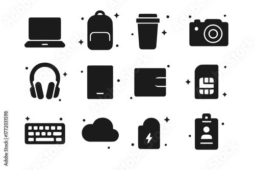 Digital Nomad Icons. Digital Nomad Minimalist Groups. Solid icons set of Digital Nomad Minimalist Groups: laptop, slim backpack, travel mug, compact camera,