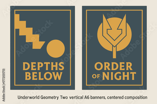 Underworld Geometric Banners. Underworld Geometry. Two vertical A6 banners with safe margins, centered composition, no elements touching edges, geometric,