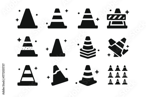 Traffic Cone Icons. Traffic cones. Solid icons set of traffic cones: orange cone silhouette, double-striped cone, roadwork cone, barrier cone, reflective cone,