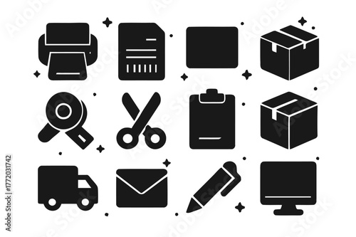 Shipping Icons Collection. Shipping Label Printer. Solid icons set of Shipping Label Printer: printer, shipping label, barcode, package, tape dispenser,