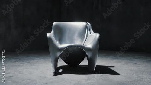 A sleek, modern chair cast in reflective silver, placed in a dark space