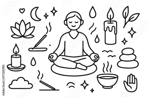 Meditative Elements Doodle. Meditation and candles. Hand-drawn doodle illustration Meditation and candles lotus flower, candle, incense stick, flame, droplet,