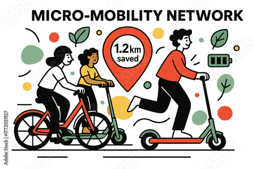 E-Bikes in Motion. Micro-Mobility Network. E-bikes and scooters glide in clean lanes; a map pin reads ?. km saved.? Battery bars and leaf badges float like
