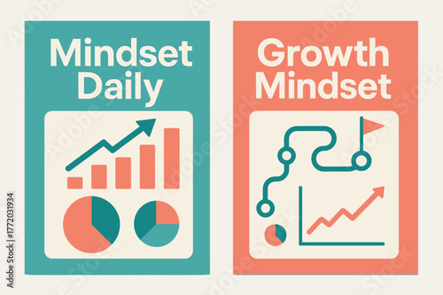 Mindset and Growth Banners. Mindset daily. Two vertical A6 banners with safe margins, centered composition, no elements touching edges, modern, turquoise and