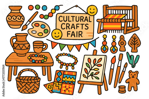 Vibrant Crafts Fair. Cultural crafts fair. Colorful Hand-drawn doodle Children illustration Cultural crafts fair handmade pottery, weaving loom, beads, fabric