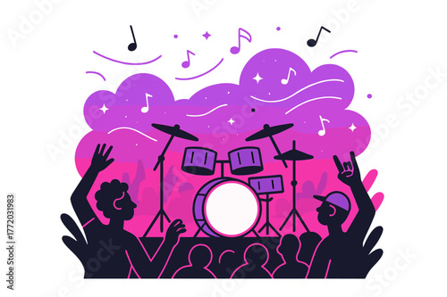 Twilight Drum Symphony. Open Air Gig. Drum kit centered against a twilight sky with abstract crowd silhouettes and breeze lines. Music notes scatter like