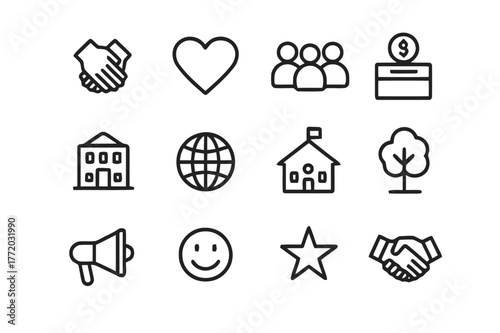 Social Impact Icons. Social impact. Line icon set of social impact: hands together, heart, people group, donation box, community building, globe, school, tree,