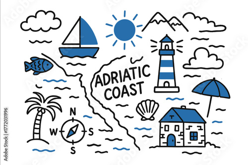 Adriatic Coast Doodle. // Adriatic coast. Hand-drawn doodle illustration Adriatic coast [coastal map (accented), sailboat (accented), lighthouse (accented),