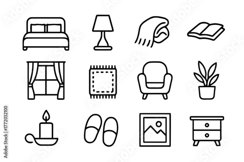 Cozy Bedroom Icons. Cozy Bedroom. Line icon set of Cozy Bedroom: bed with pillows, bedside lamp, blanket, book on bed, window with curtain, rug, soft chair,