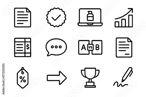 Sales Pitch Icons. Sales Pitch. Line icon set of Sales Pitch: proposal document, value proposition badge, product demo, ROI chart, pricing table, objection