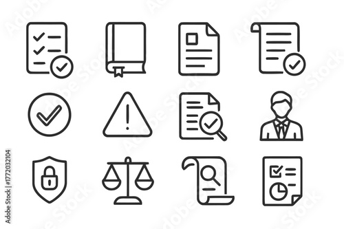 Legal Compliance Icon Set. Legal Compliance. Line icon set of Legal Compliance: checklist, policy book, rule document, law scroll, tick badge,