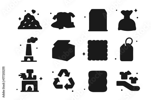 Textile Waste Icons. Textile waste. Solid icons set of textile waste: landfill heap, discarded clothes, donation bin, rag bundle, incinerator smokestack,
