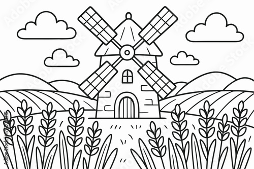 Windmill Coloring Page. Windmill field children?s coloring book illustration, outlined drawing, old-fashioned windmill surrounded by wheat fields, educational
