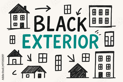 Playful Building Sketch. Doodle / Sketch ? "Black Exterior" in playful hand-drawn letters, rough sketch outlines with arrows, buildings, windows, and roof