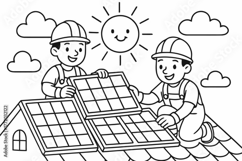 Solar Panel Coloring Fun. Solar panel installations children?s coloring book illustration, outlined drawing, smiling workers placing solar panels on a sunny