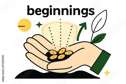 Seeds of Beginnings. Seeds. A handful of seeds rests on open soil; small dotted lines trace potential sprouts upward. Caption ?beginnings? floats softly above.