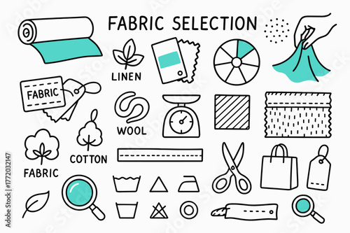 Fabric Selection Icons. // Fabric selection. Hand-drawn doodle illustration fabric selection [bolt of fabric (accented), swatch book (accented), fiber icons,