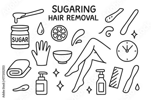 Sugaring Hair Removal Doodles. Sugaring hair removal. Hand-drawn doodle illustration Sugaring hair removal sugar jar, wooden stick, droplet, lemon slice, bowl,