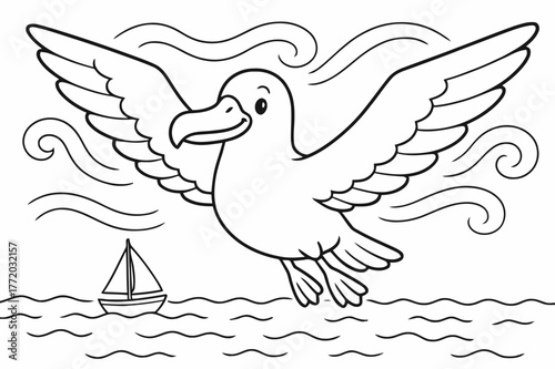Albatross Adventure Coloring. Albatross soaring children?s coloring book illustration, outlined drawing, a large happy albatross gliding over the sea with a