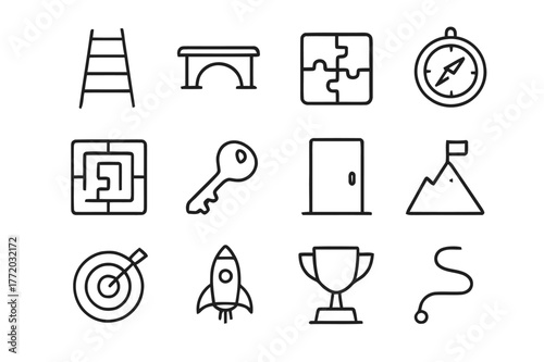 Visual Metaphors Icons. Visual metaphors in marketing. Line icon set of visual metaphors: ladder, bridge, puzzle, compass, maze, key, door, mountain, target,