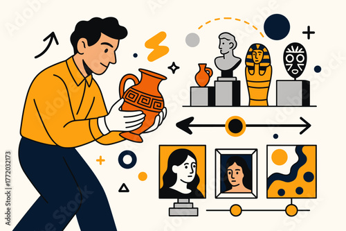 Art Collectors' Heritage. The role of art collectors in preserving cultural heritage. A collector carefully handling an ancient artifact, a museum filled with