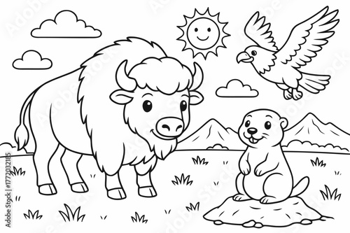 Prairie Wildlife Coloring. Prairie animals children?s coloring book illustration, outlined drawing, bison, prairie dog, and eagle in a western grassland scene,