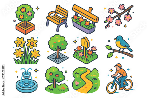 Urban Spring Icons. Urban spring blooms. Colorful isometric vector icons set of Urban spring blooms: tree planter box, balcony flower pot, city park bench,